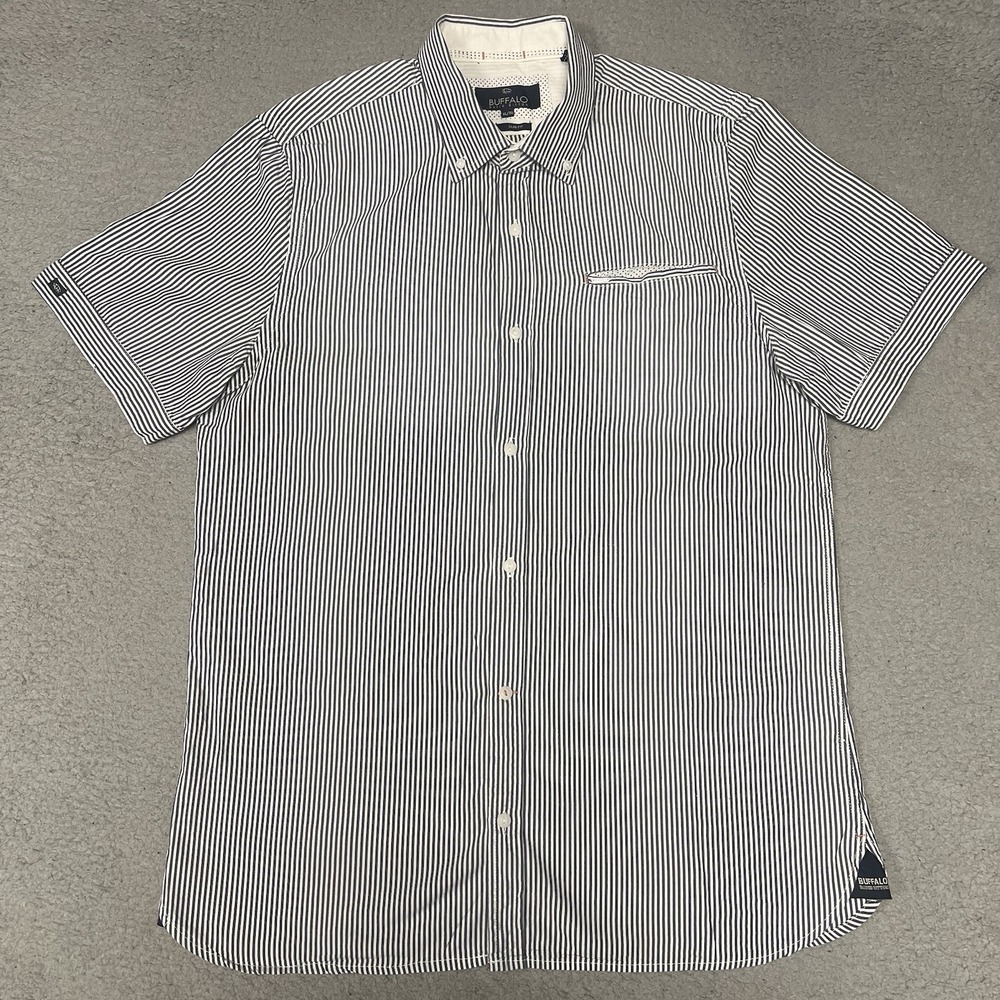 Buffalo David Bitton Shirt Men's XL Black Stripe Slim Fit Short Sleeve Button Up